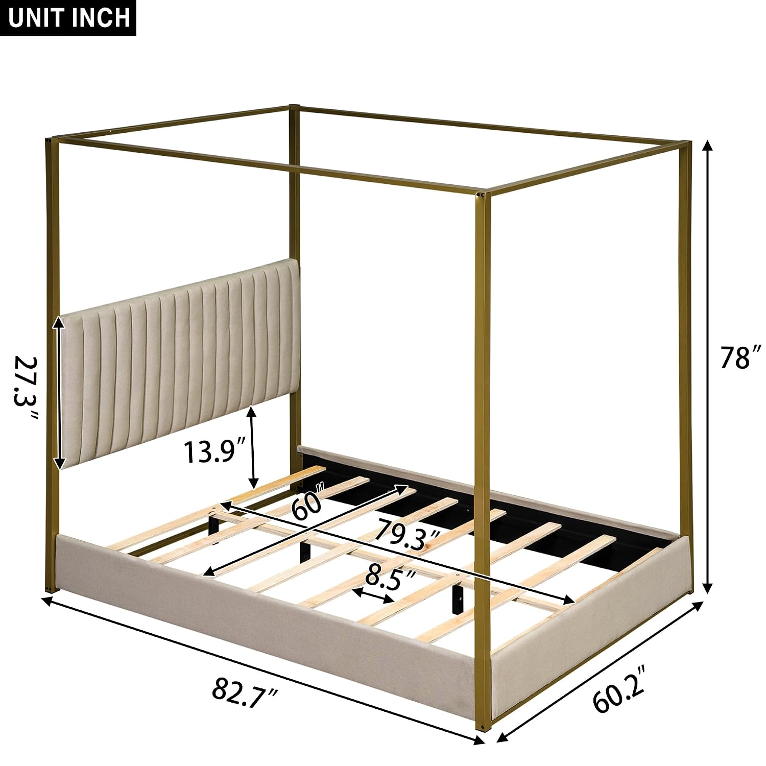 Canopy Bed Frame Metal Queen - เตียงนอนทรงโมเดิร์น 4 เสา ขนาดควีนไซส์ หัวเตียงบุผ้าลายปัก โครงโลหะสีทอง