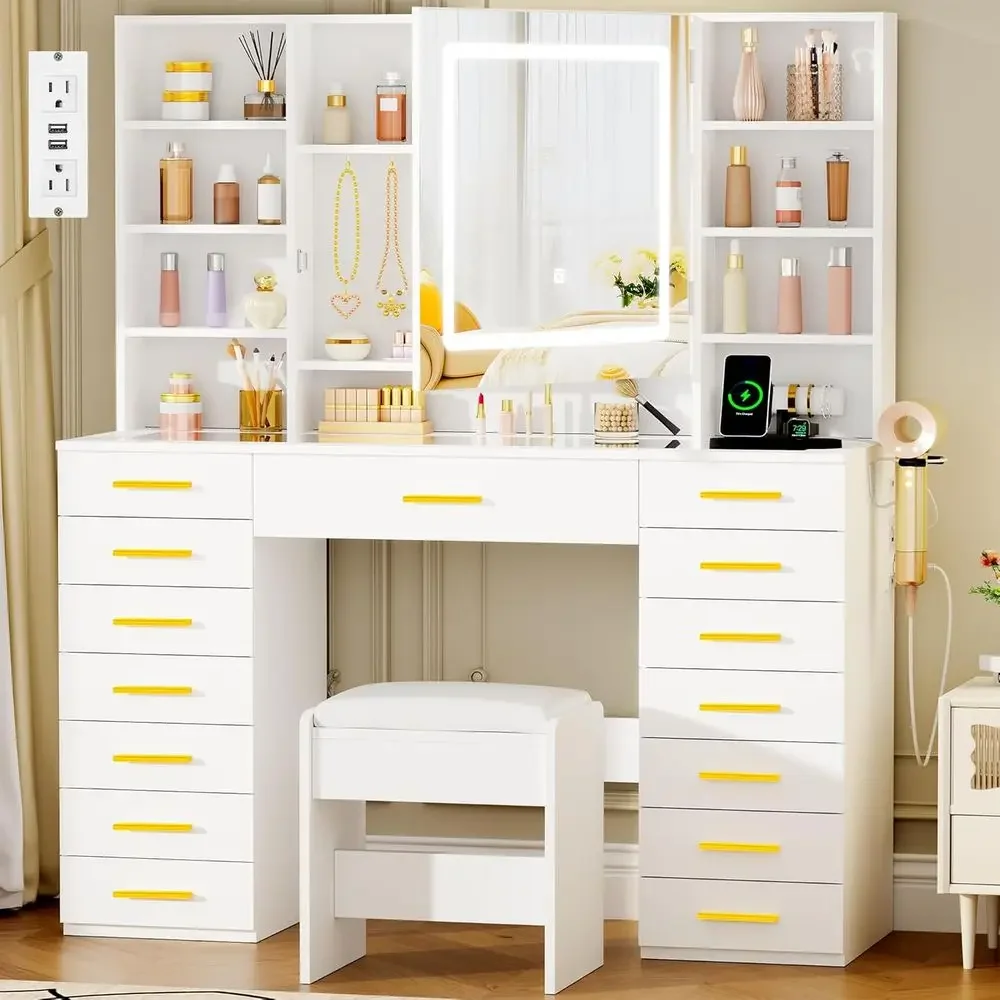 Dressing Table Vanity With Lighted Mirror - โต๊ะเครื่องแป้งพร้อมกระจกไฟ LED ท็อปกระจก, โต๊ะแต่งหน้า 15 ลิ้นชัก,