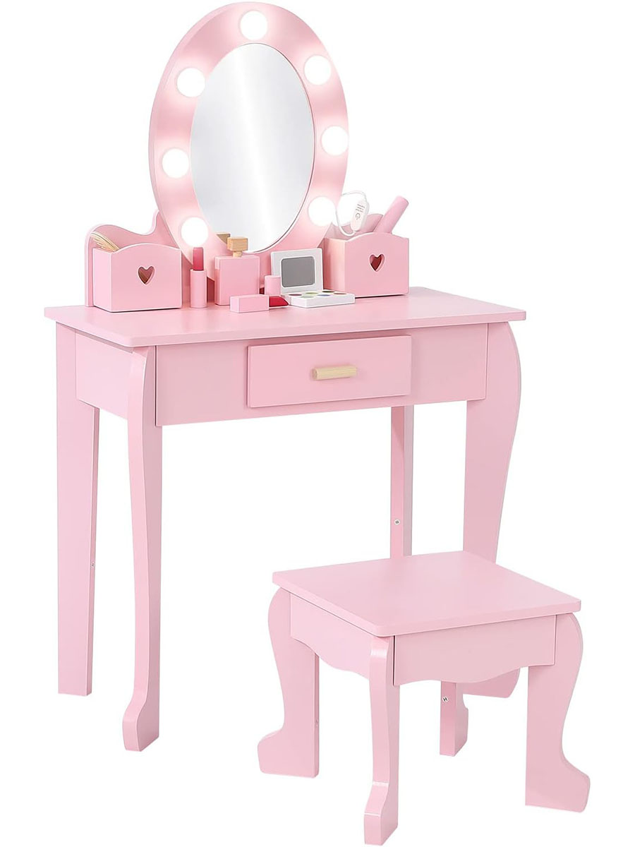 Dressing Table Vanity With Lighted Mirror - โต๊ะเครื่องแป้งเด็กพร้อมเก้าอี้และไฟกระจก, โต๊ะเครื่องแป้งเด็กพร้อมลิ้นชักและกล่องเก็บของ 2 กล่อง, ชุดโต๊ะเครื่องแป้งสำหรับเด็กอายุ 4-9