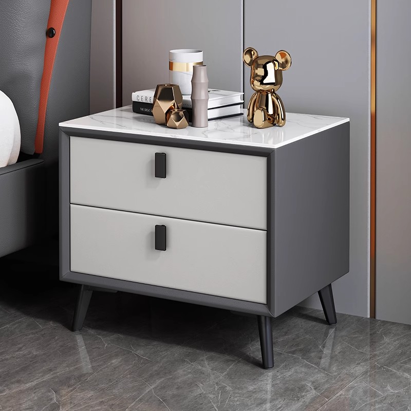 Solid Wood Nightstand 2 Drawers - โต๊ะข้างเตียงไม้เนื้อแข็งสไตล์นอร์ดิกพร้อมท็อปหินเผา โต๊ะข้างเตียงทันสมัยสำหรับห้องนอนพร้อมลิ้นชัก 2 ช่อง ตู้เก็บของข้างเตียง