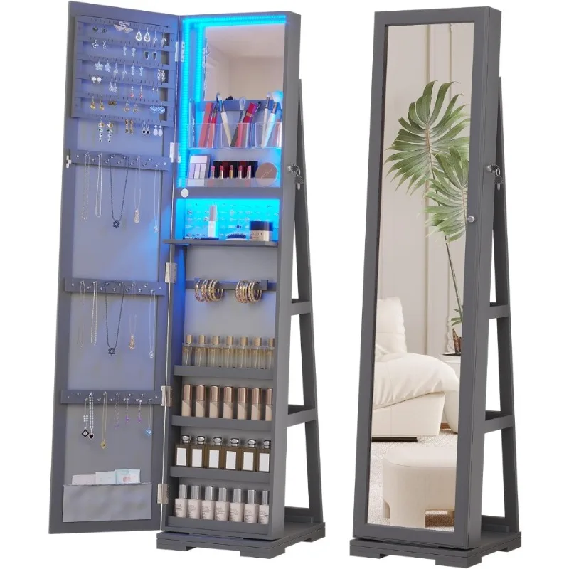 Full Length Mirror Jewelry Armoire - ตู้เก็บเครื่องประดับ LED พร้อมกระจกเต็มตัว, กระจกล็อคได้พร้อมที่เก็บของ, ไฟ 3