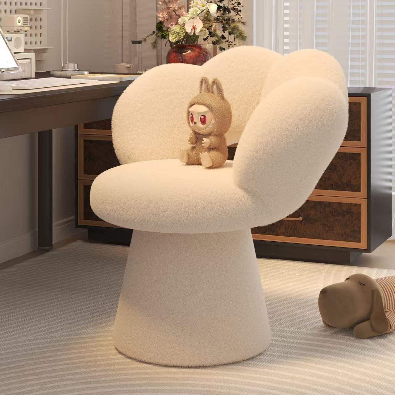 Office Furniture - เก้าอี้สำนักงานที่บ้านตามหลักสรีรศาสตร์พร้อมพนักพิงหลังแบบกลีบดอกไม้ที่นุ่มสบาย ปรับระดับได้ เหมาะสำหรับโต๊ะเครื่องแป้งและเฟอร์นิเจอร์ภายในบ้าน