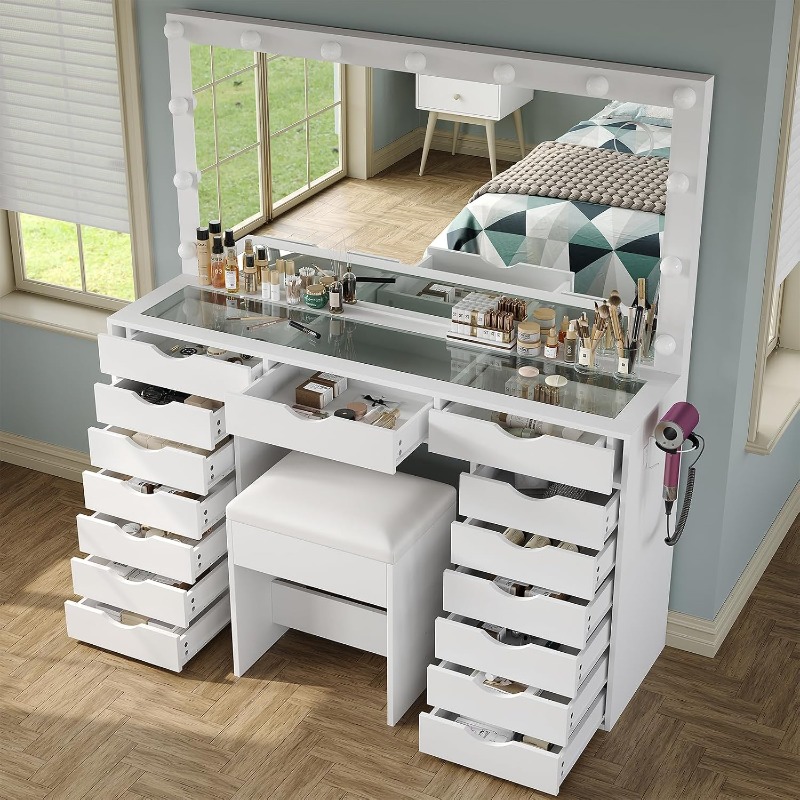 Dressing Table Vanity With Lighted Mirror - โต๊ะเครื่องแป้ง Yanosaku พร้อมกระจกและไฟ, โต๊ะแต่งหน้าพร้อมสถานีชาร์จ, โหมดแสง 3