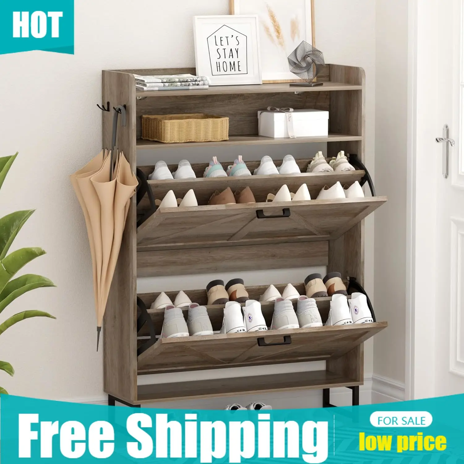 Shoe Rack Cabinet Narrow Entryway - ตู้เก็บรองเท้าพร้อมลิ้นชักแบบเปิด-ปิด 2 ช่อง, ตู้เก็บรองเท้าแบบซ่อนสำหรับทางเข้าบ้าน, ตู้เก็บรองเท้าทรงแคบพร้อมฝาเปิด