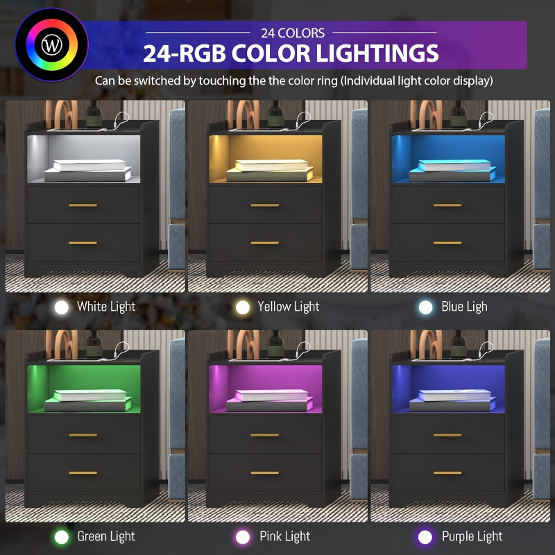 โต๊ะข้างเตียง LED สีดำพร้อมแท่ - Solid Wood Nightstand 2 Drawers บทวิจารณ์และราคา