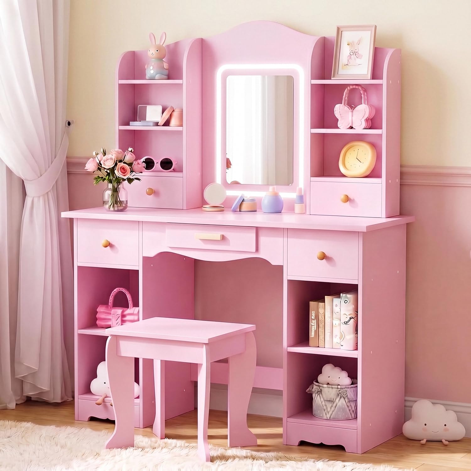 โต๊ะเครื่องแป้งสำหรับเด็กพร้อม - Dressing Table Vanity With Lighted Mirror บทวิจารณ์และราคา