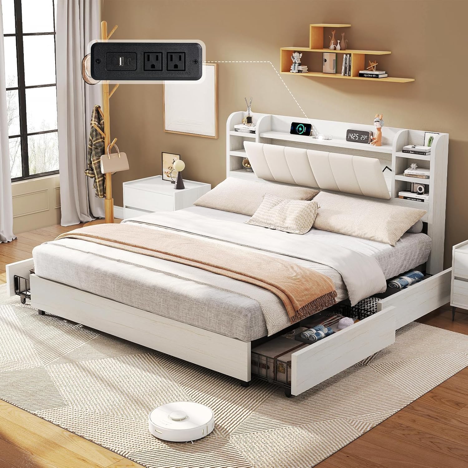เตียงแพลตฟอร์มหุ้มเบาะขนาดคิงไ - King Size Bed Frame With Storage Drawers บทวิจารณ์และราคา