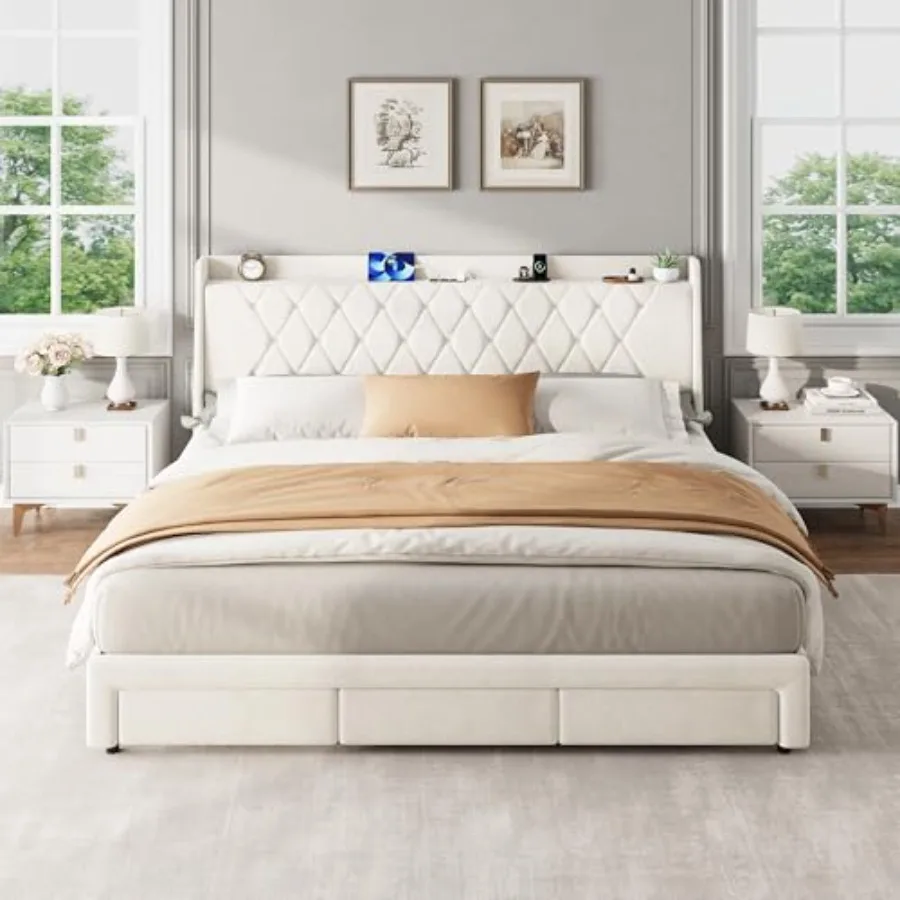 โครงเตียงแบบมีฐานรอง บุด้วยผ้า - King Size Bed Frame With Storage Drawers บทวิจารณ์และราคา